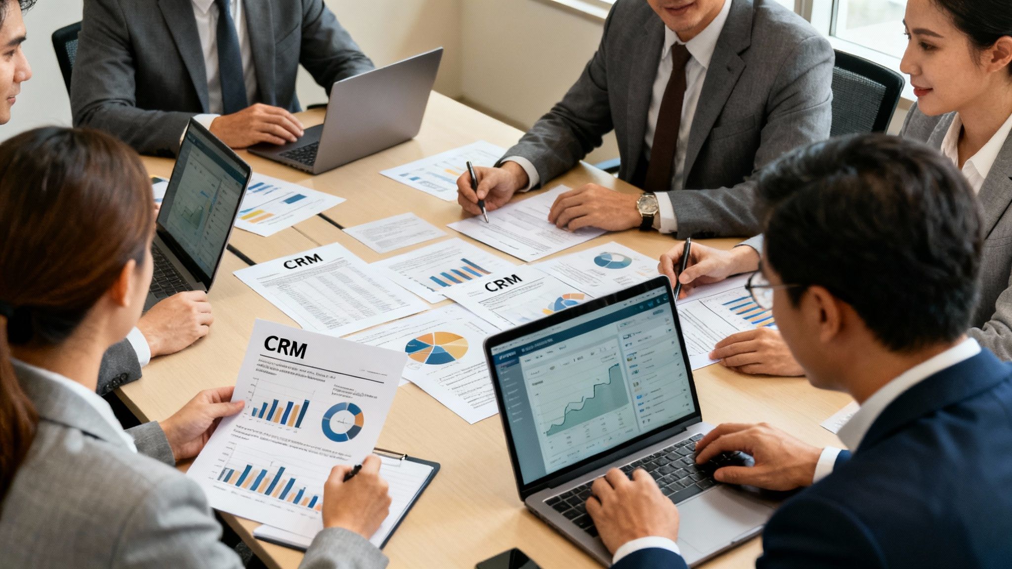 A group of professionals in an office discussing CRM options over documents and laptops