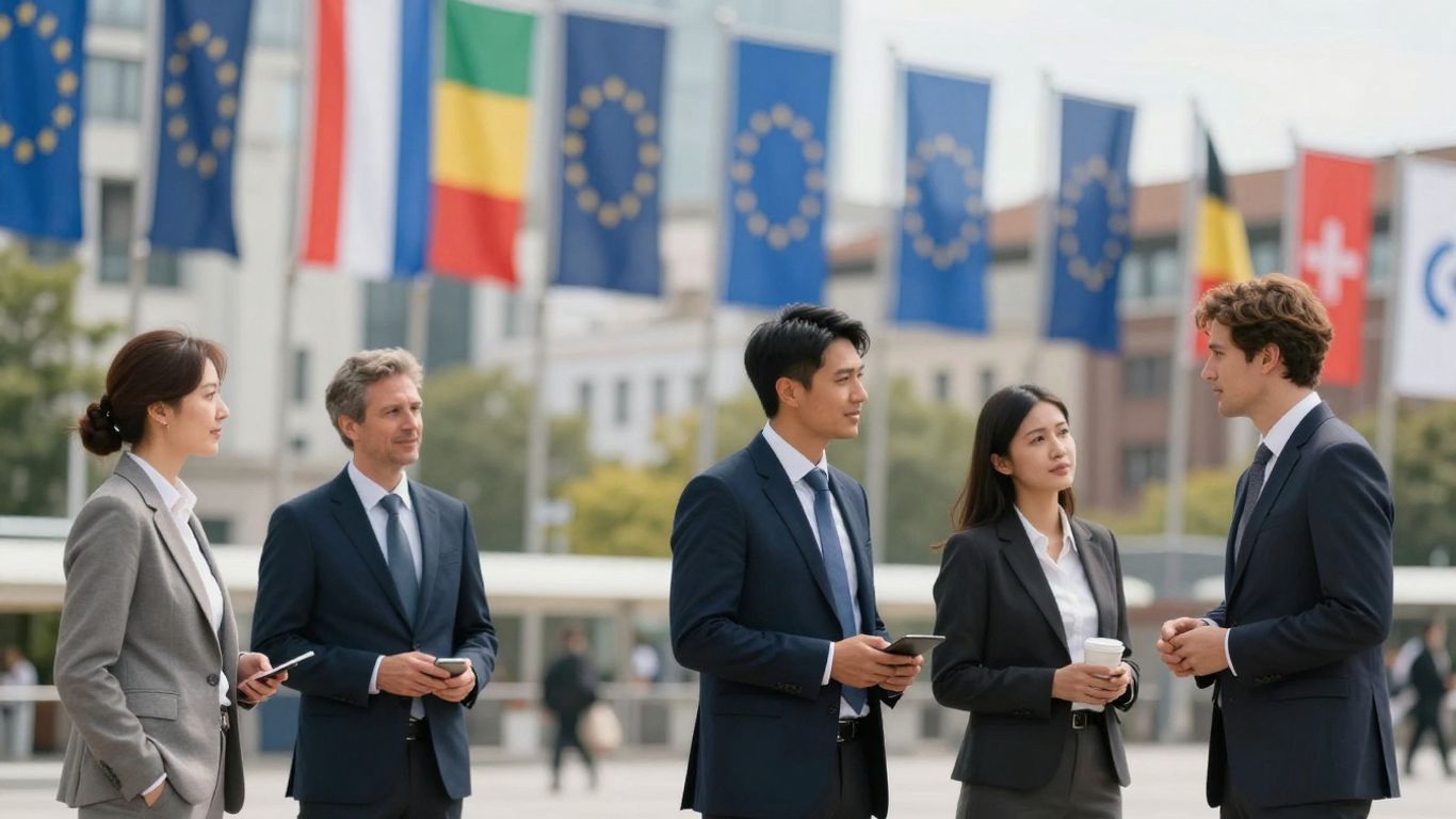 Europäische Stadtlandschaft mit Geschäftsprofis und Flaggen