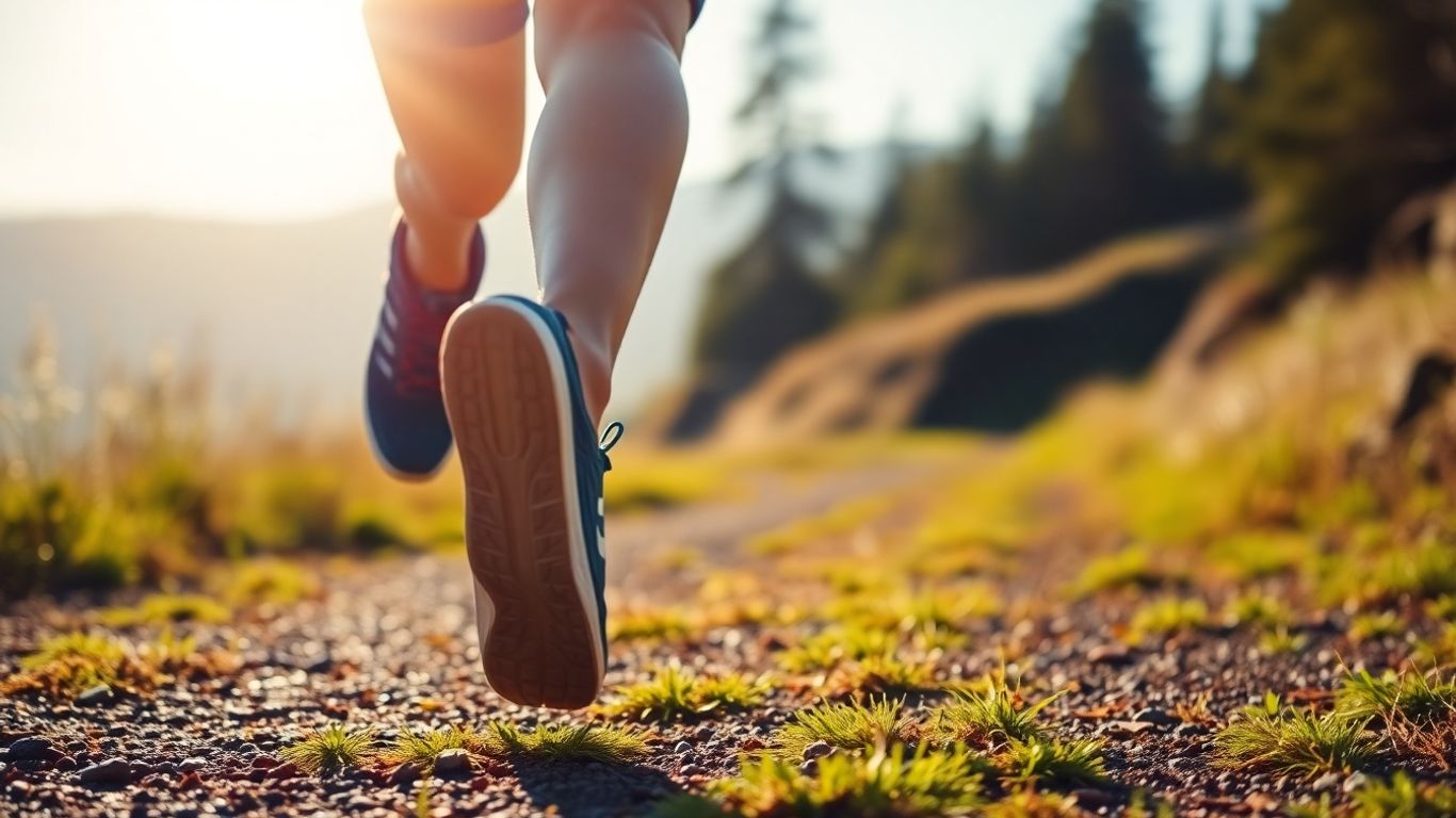 Runner's feet in motion on a sunny trail.