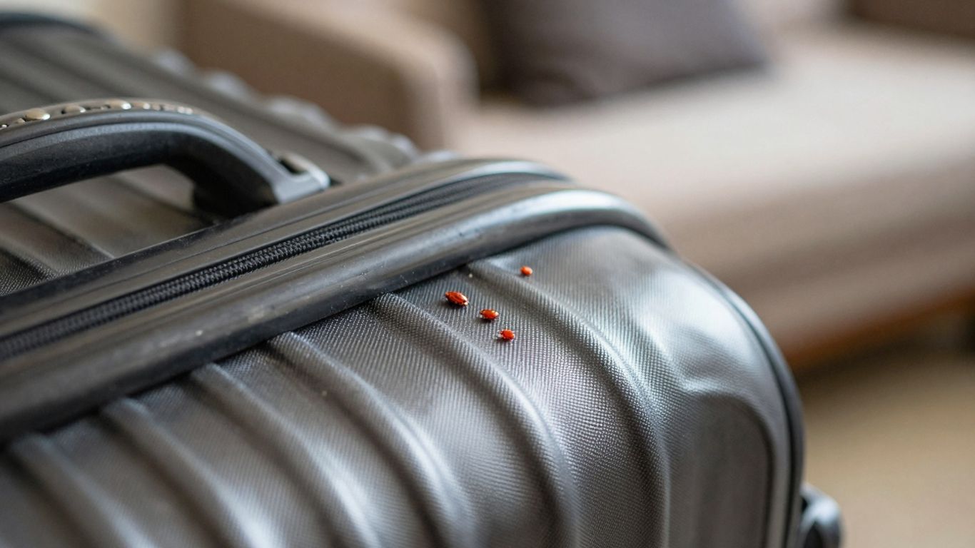 Punaises de lit sur une valise ouverte après les vacances.