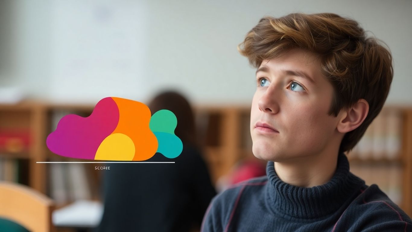 TOEFL test booklet with students in background.