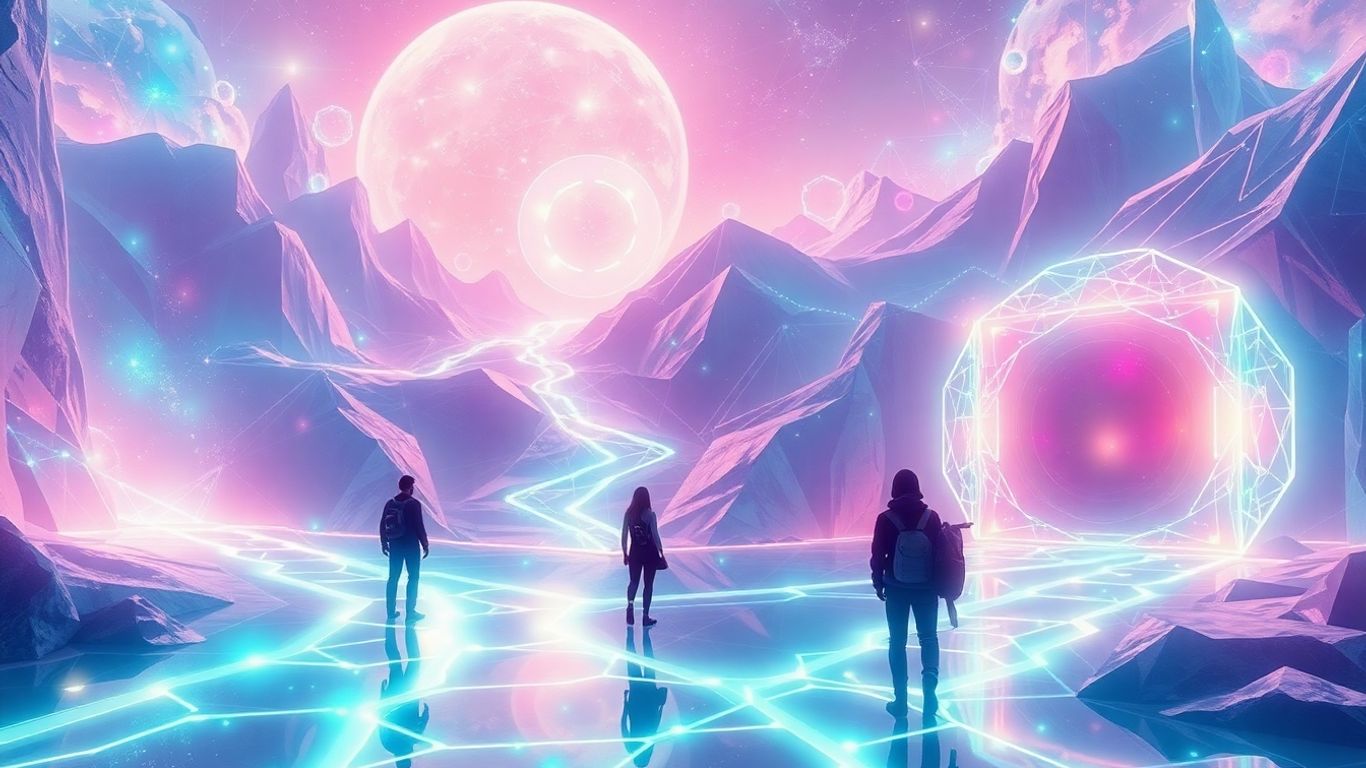 Futuristic avatars exploring a vibrant digital metaverse landscape.