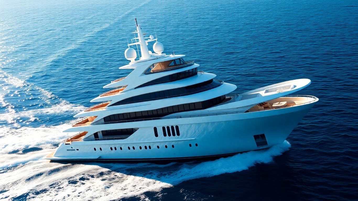 Luxurious 180-foot yacht sailing on the ocean.