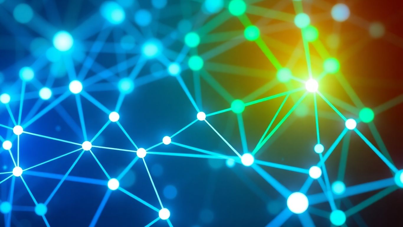 Interconnected digital network with glowing nodes and geometric shapes.