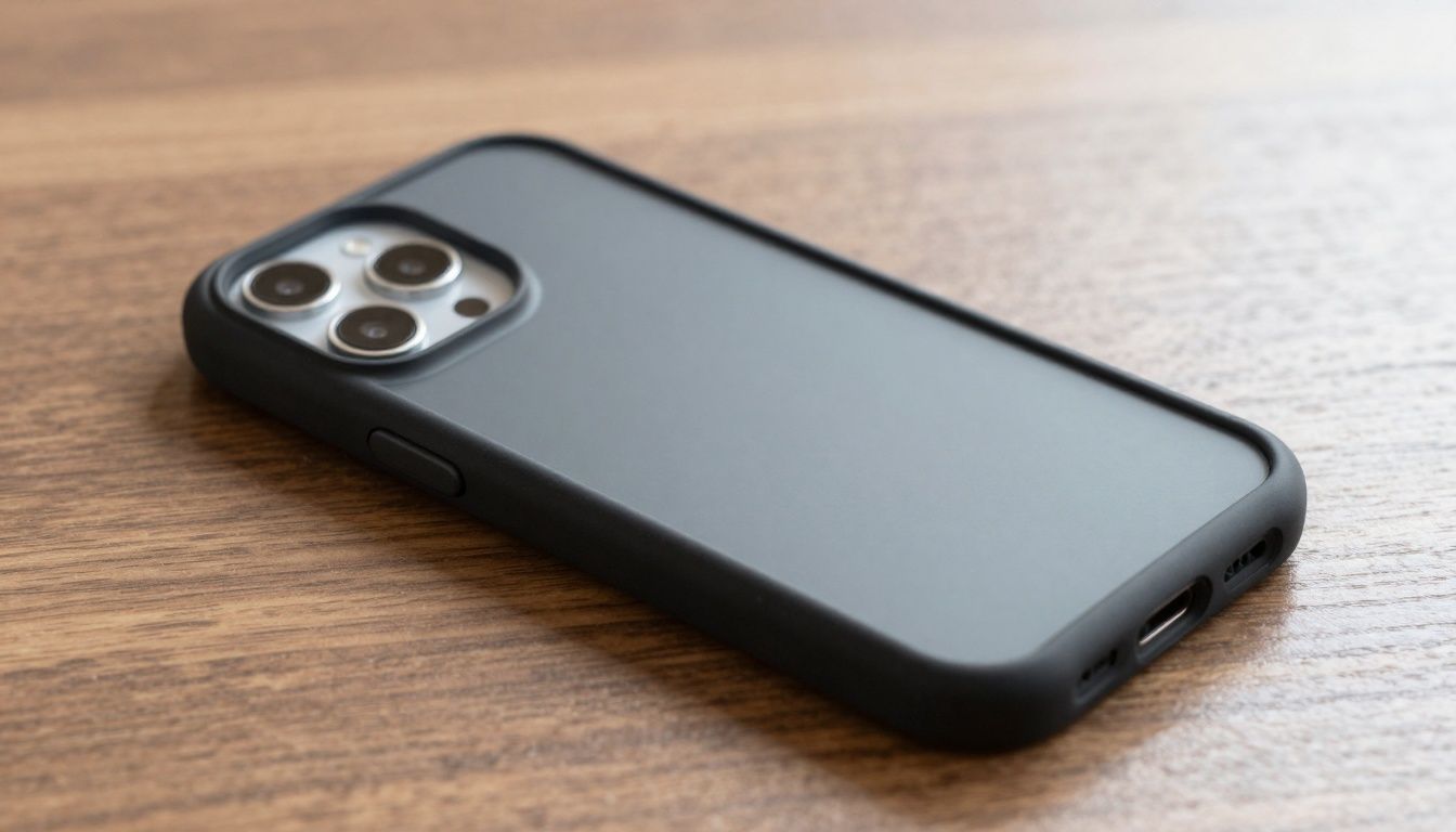 A neutral, modern smartphone encased in a black shockproof cover placed on a wooden table