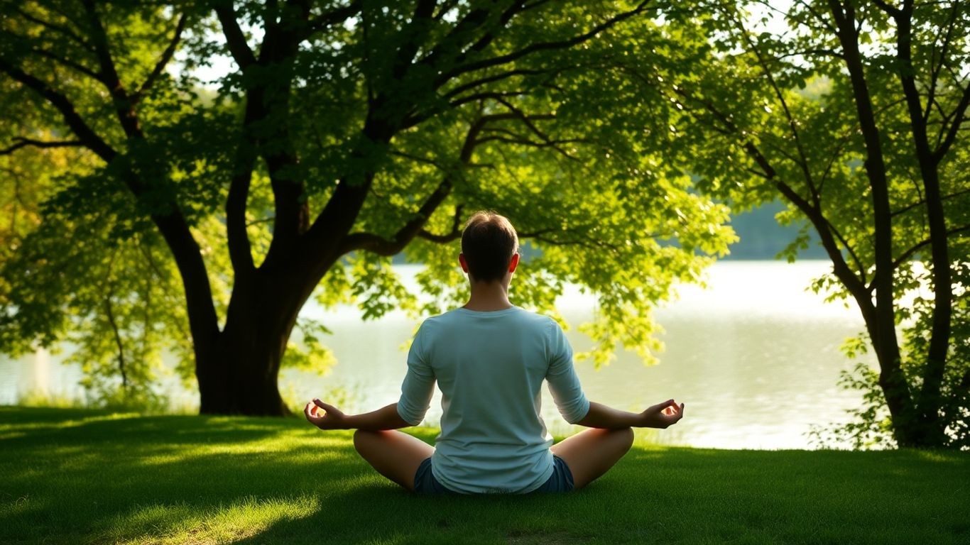 Person meditating in a peaceful natural setting.