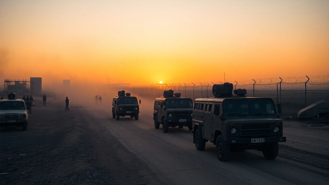 Véhicules militaires quittant Gaza, familles attendant près des ruines.