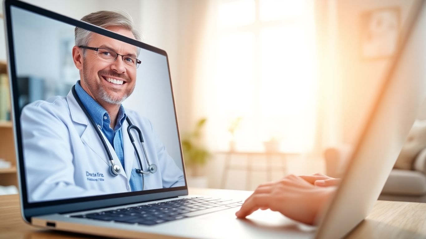 Doctor on laptop screen consulting with patient at home.