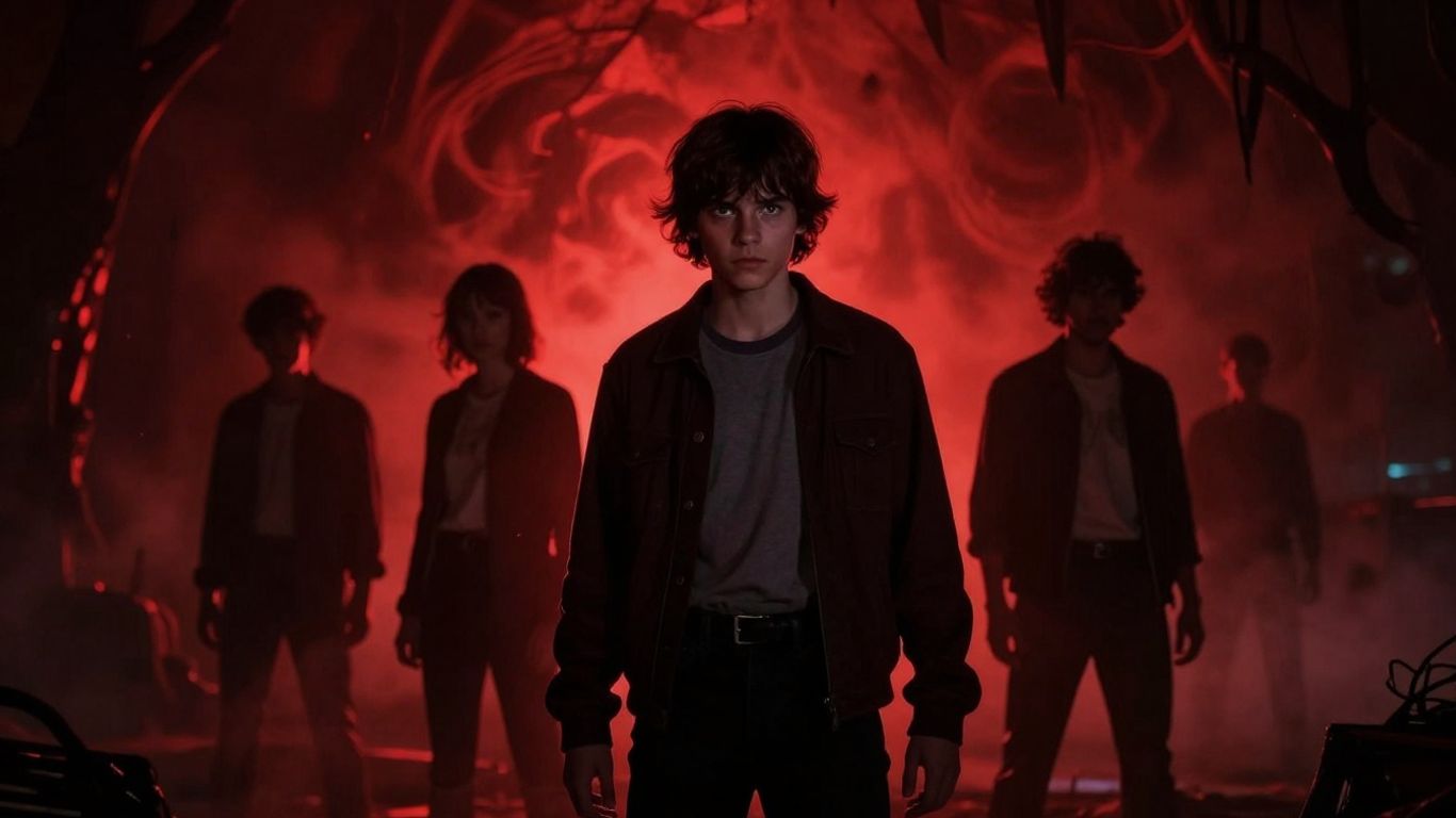 Stranger Things characters facing the Upside Down with Eddie Munson.