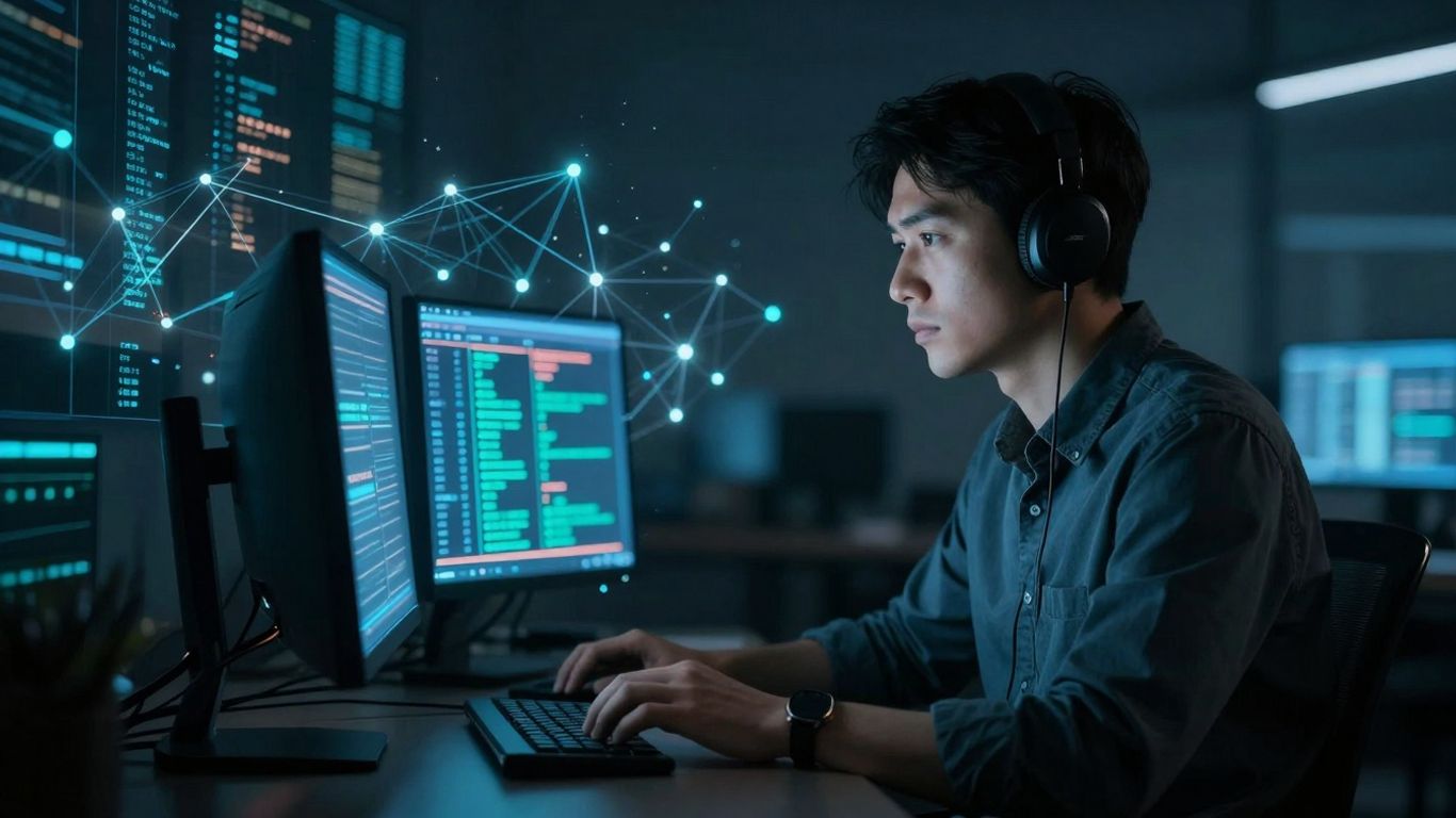 Cybersecurity analyst working on a computer with digital data streams.