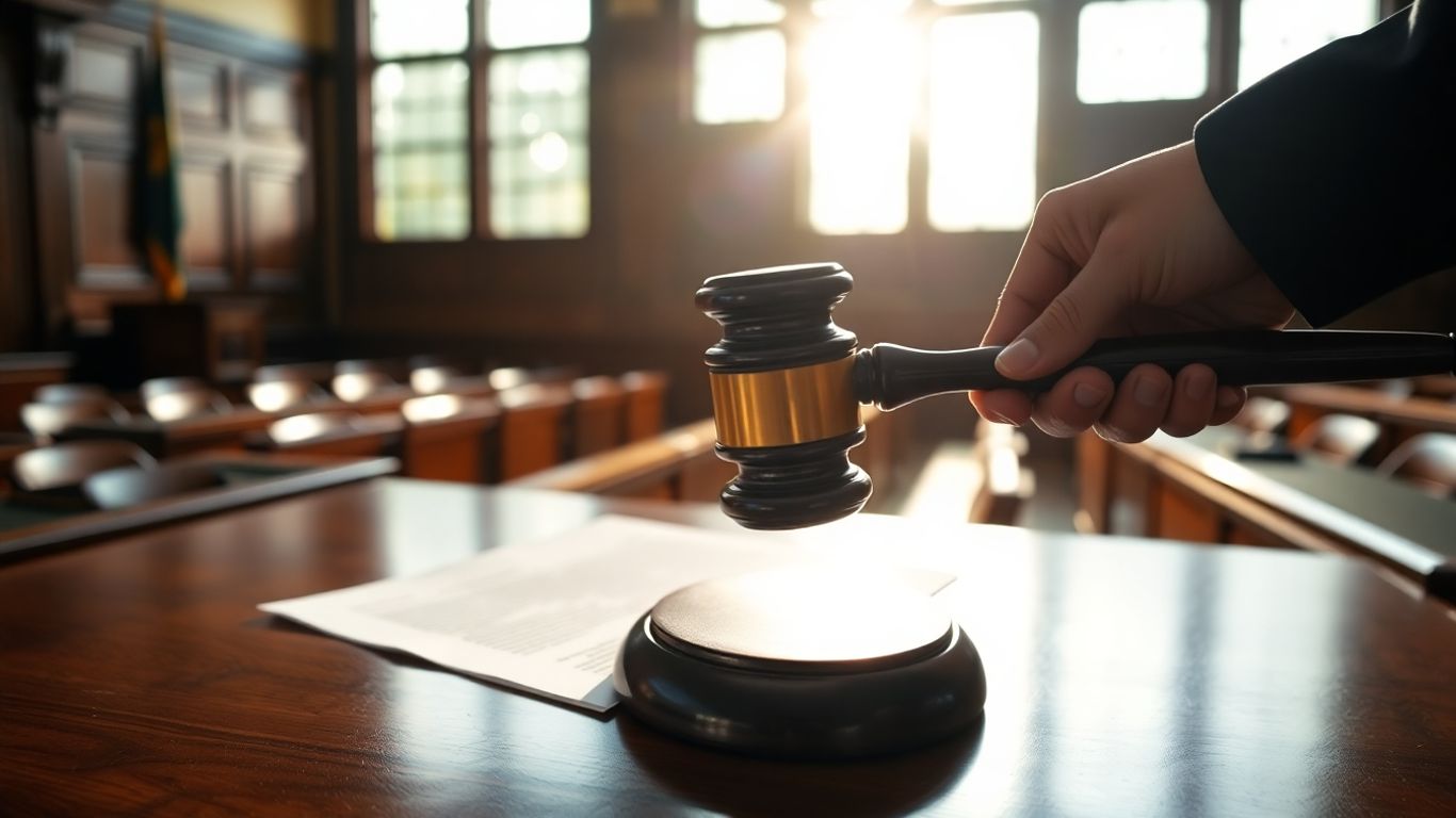 Jamaican courthouse with gavel and legal document.
