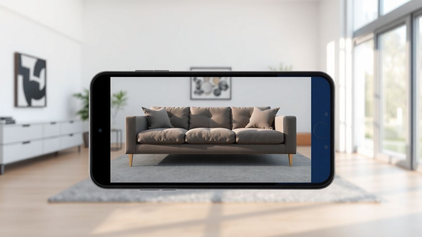 Smartphone showing virtual furniture in a real room.
