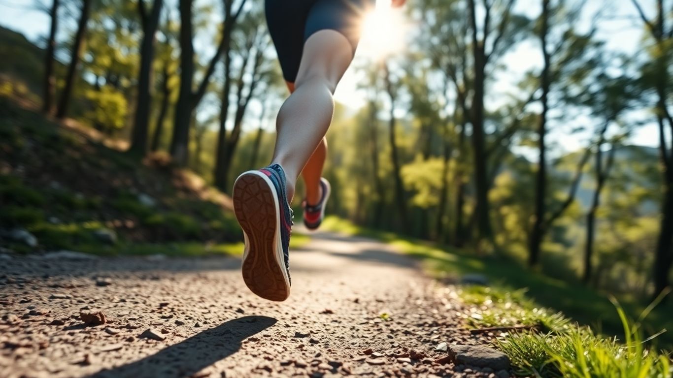 Runner's legs in motion on a scenic trail.