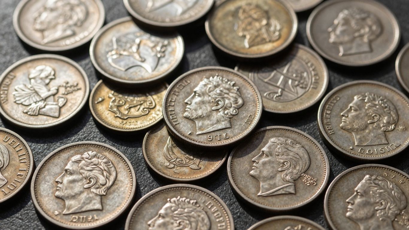 Antique coins with intricate details on a dark surface.