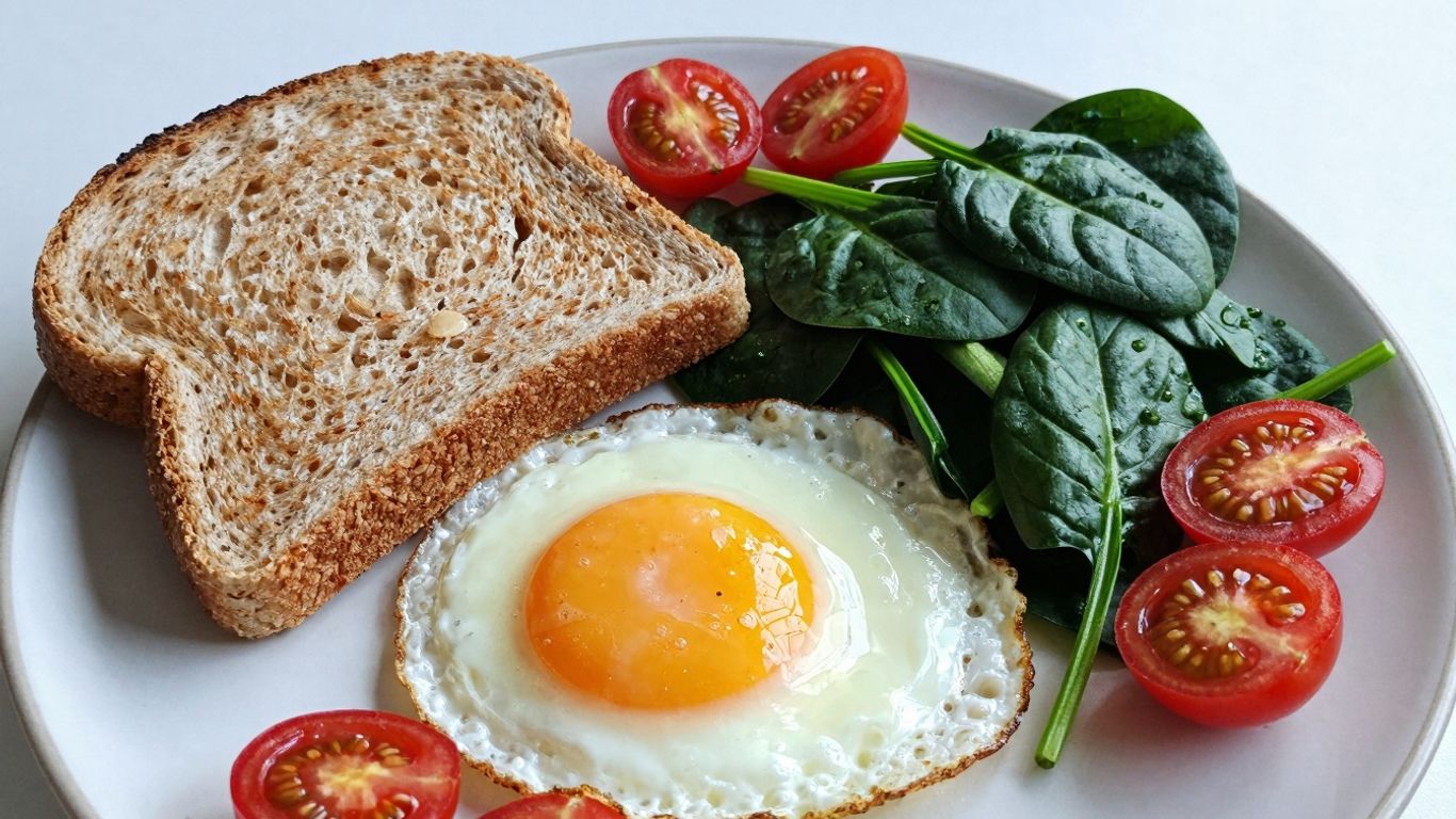 Healthy breakfast with egg, spinach, and toast.
