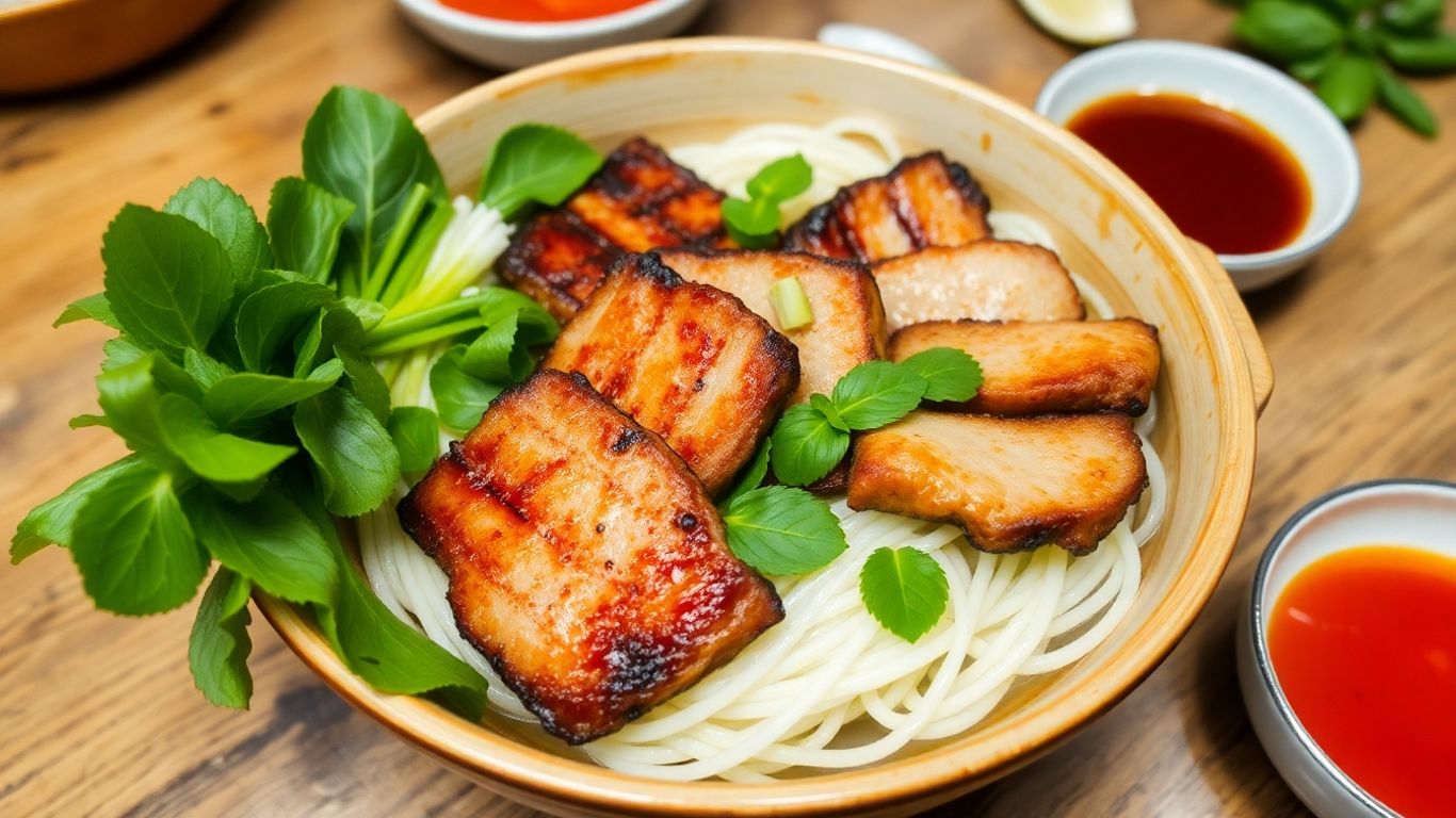 Bun Cha dish with noodles and herbs