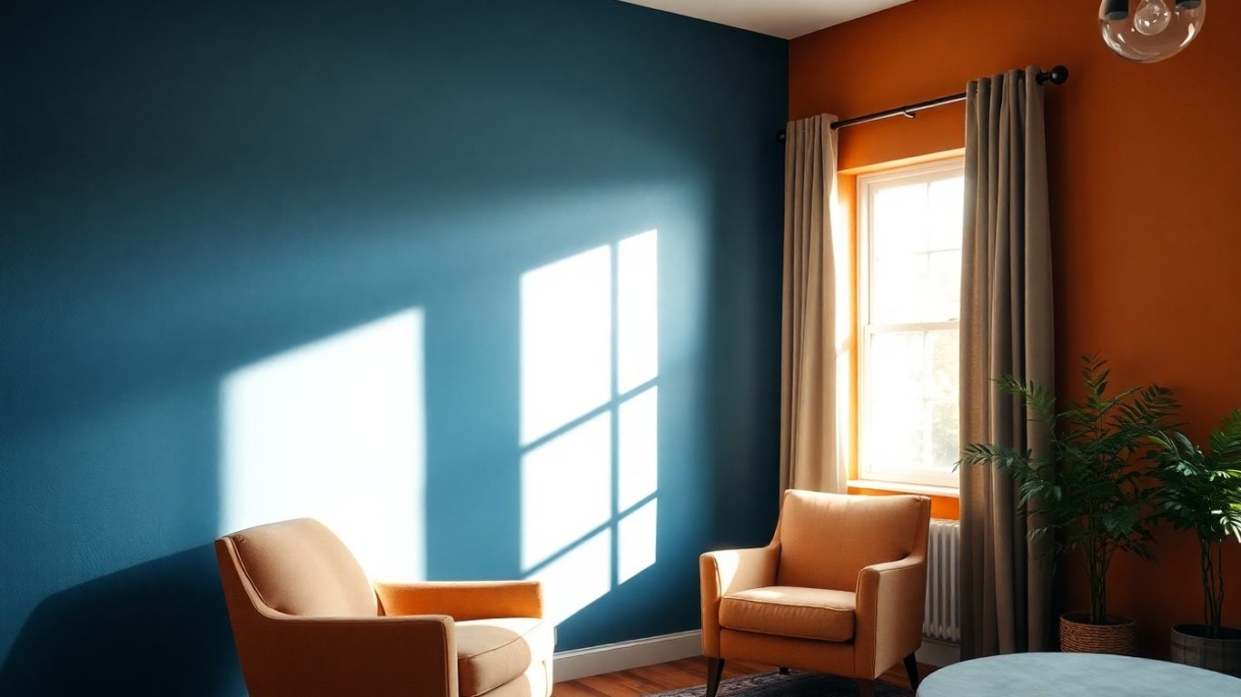 Interior painting with contrasting blue and terracotta walls.