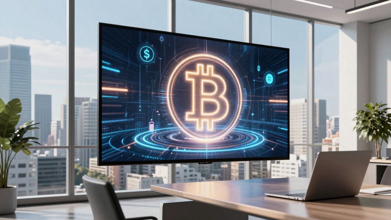 Modern office with crypto symbols and city view.