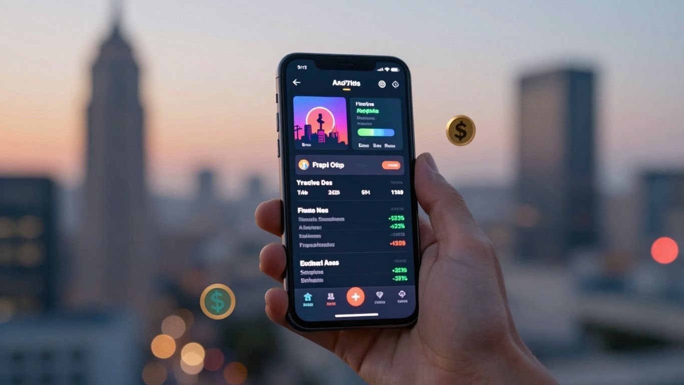 Hand holding smartphone with trading interface, cityscape background.