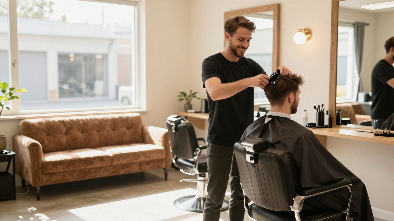 Barber shop interior with clients and barber interacting.