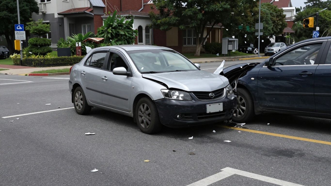 Damaged cars after a collision at an intersection.