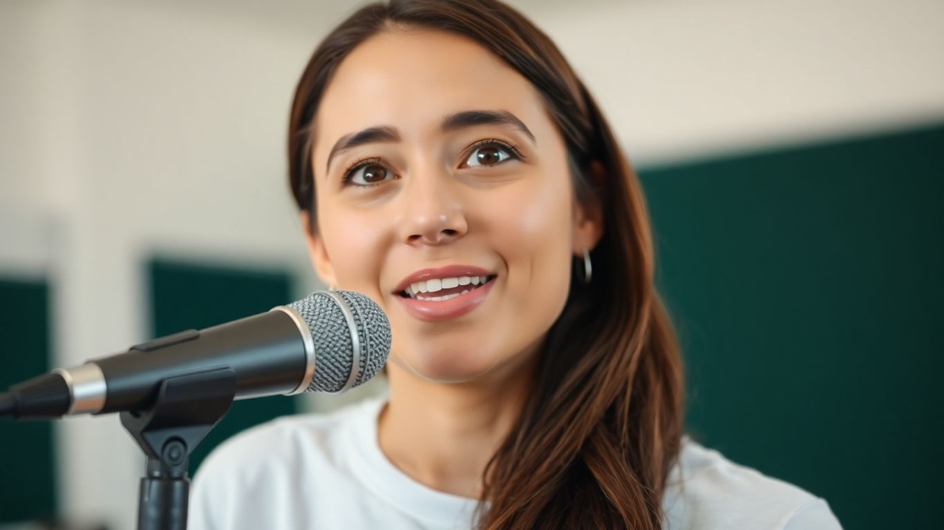 Person speaking confidently into a microphone for a test.