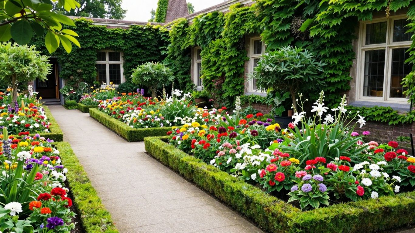 Bloeiende bloemen in een historische Nederlandse tuin
