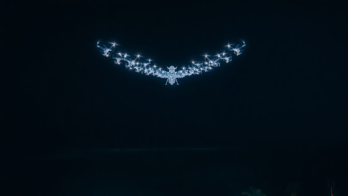 Drones create an eagle shape over a tropical island.