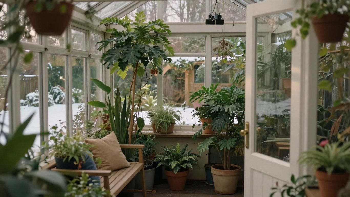 Kleiner Wintergarten mit Pflanzen und Sitzgelegenheiten