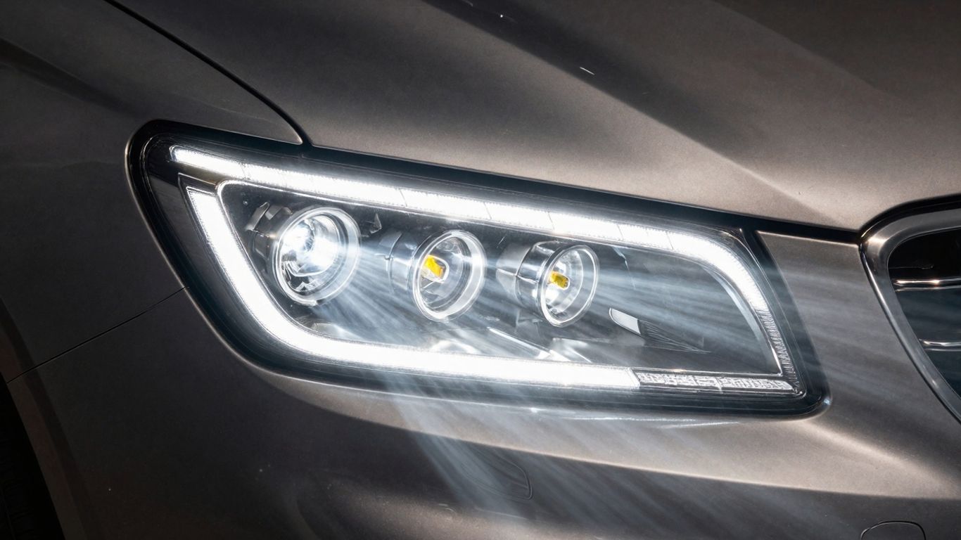Close-up of illuminated car matrix headlights on a dark road.