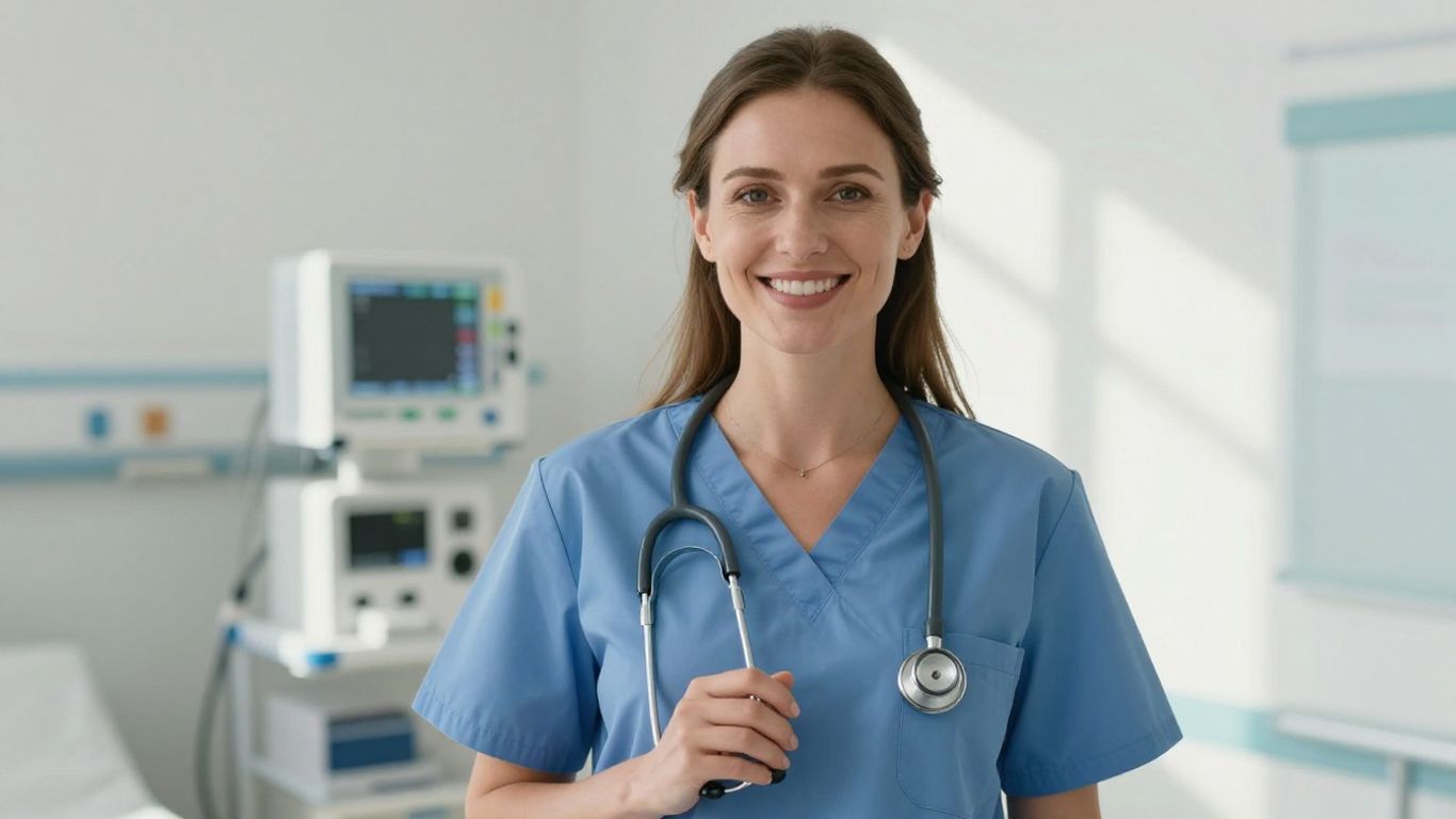 Nurse smiling with stethoscope in a bright hospital setting.