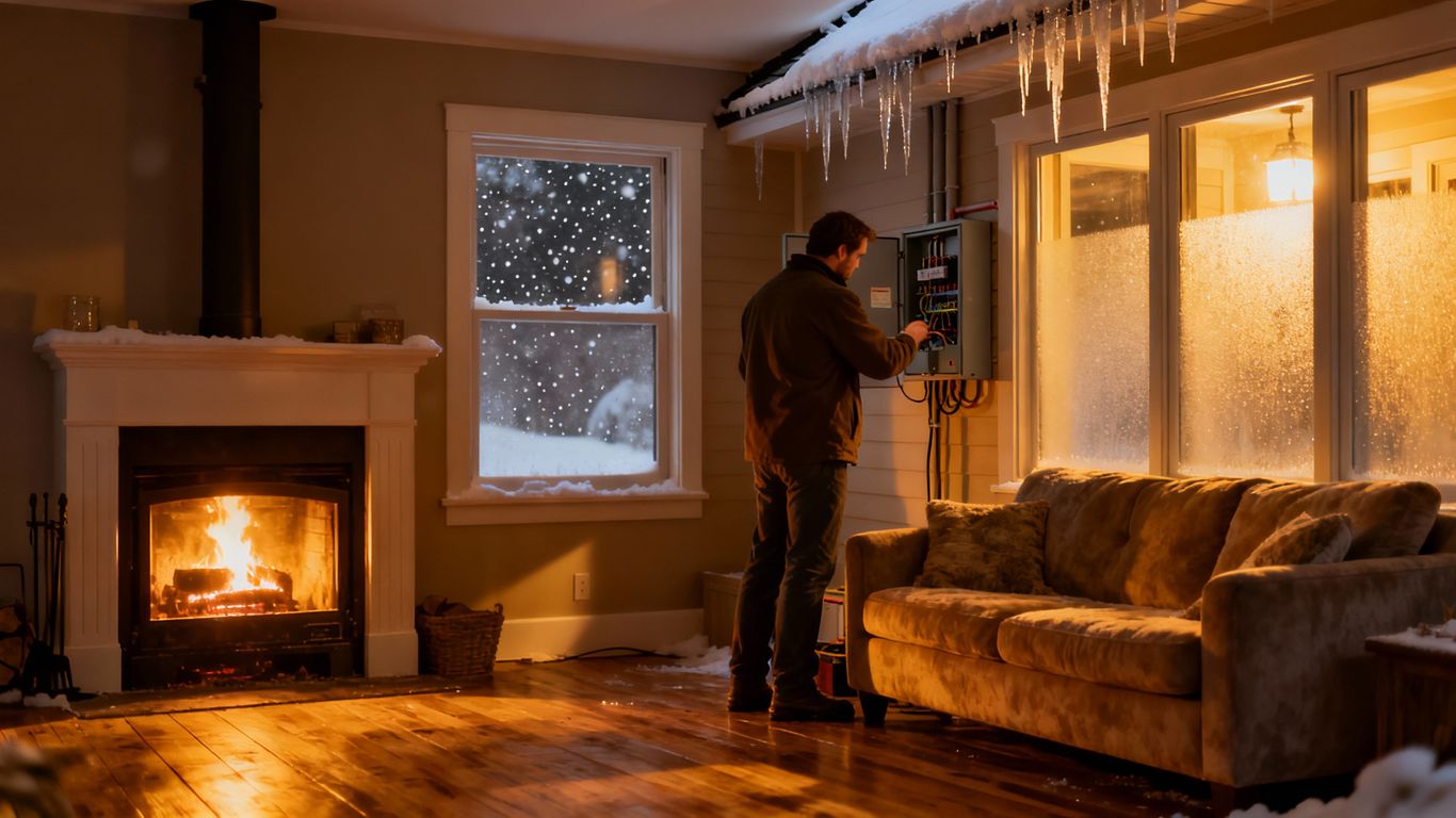 Homeowner checking electrical panel during winter.