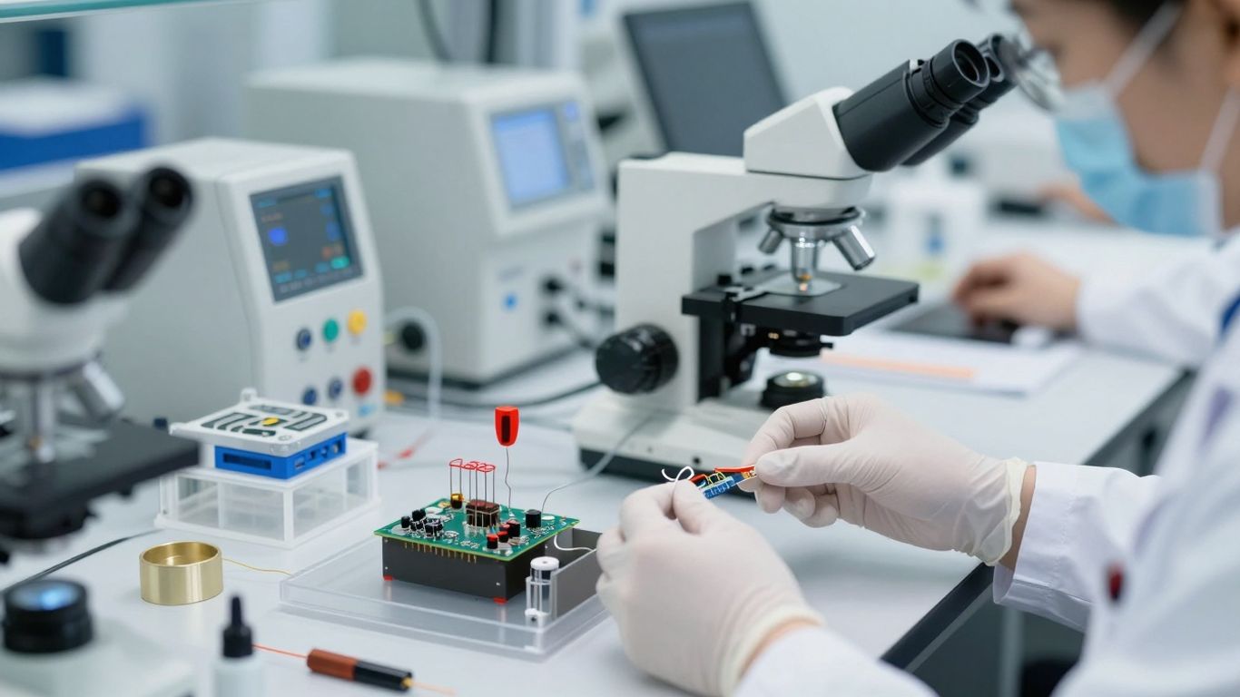 Oameni de știință lucrează cu materiale nanotehnologice avansate