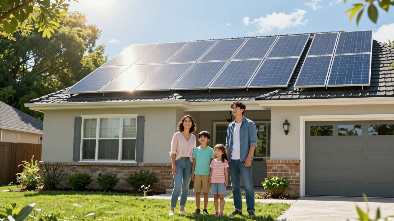 Home With Solar Panels And A Happy Family.