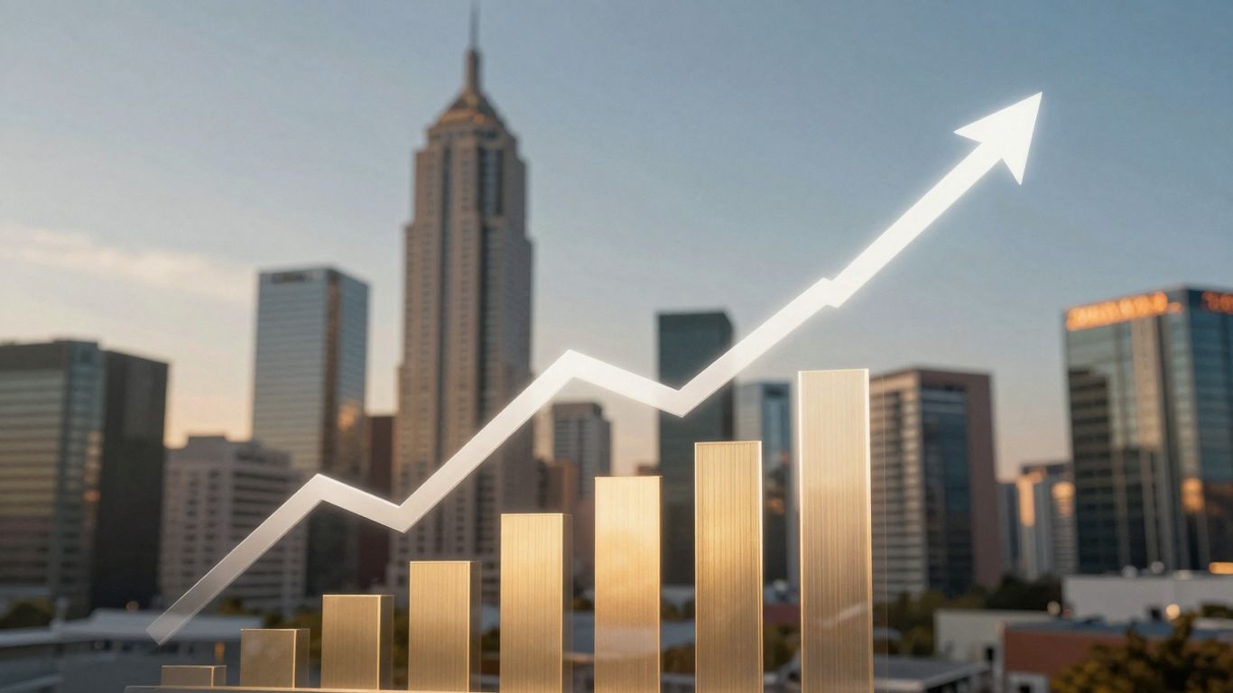 Upward financial trend with city skyline background.