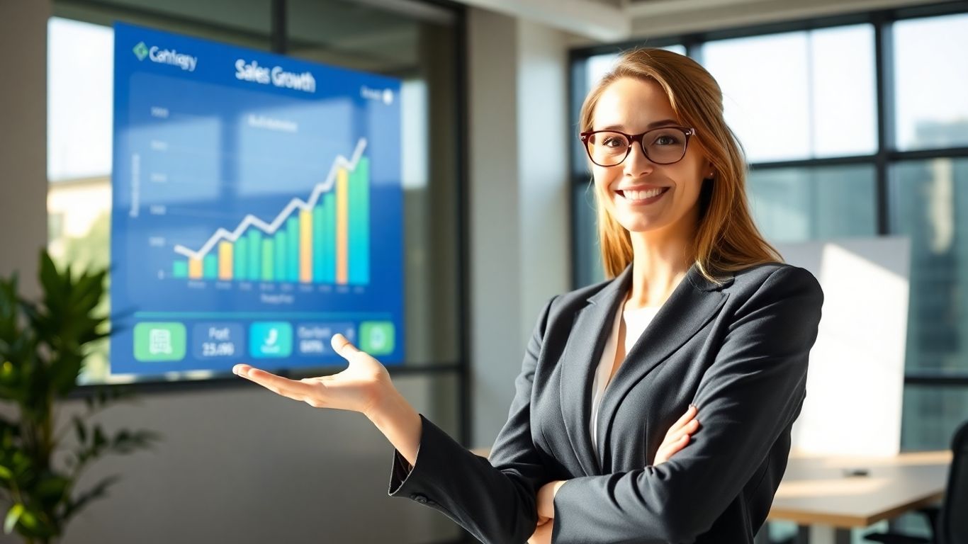 Mujer exitosa en redes sociales enfocada en ventas.
