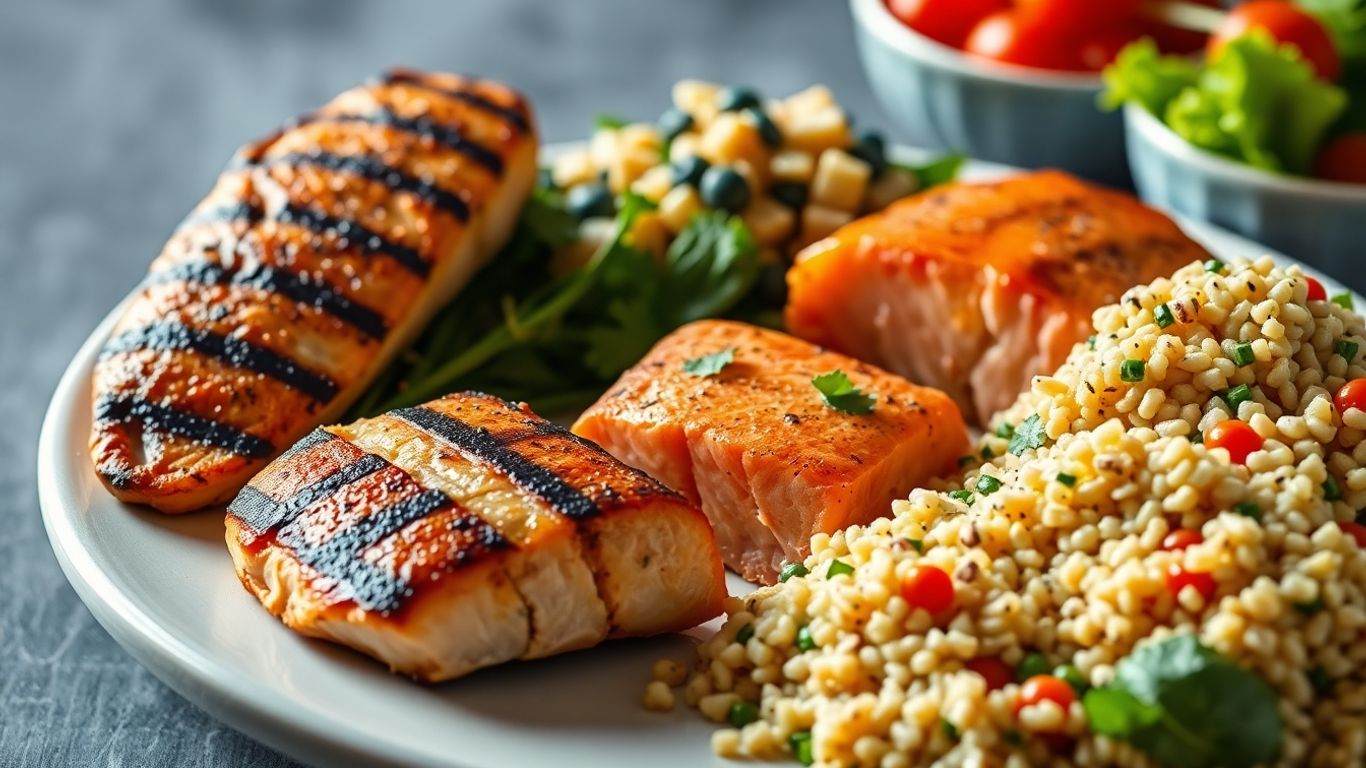 Healthy protein meals with chicken, salmon, and salad.