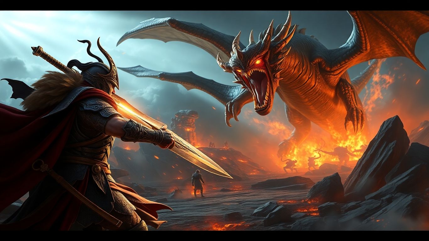 Fantasy warrior fighting a dragon in a game