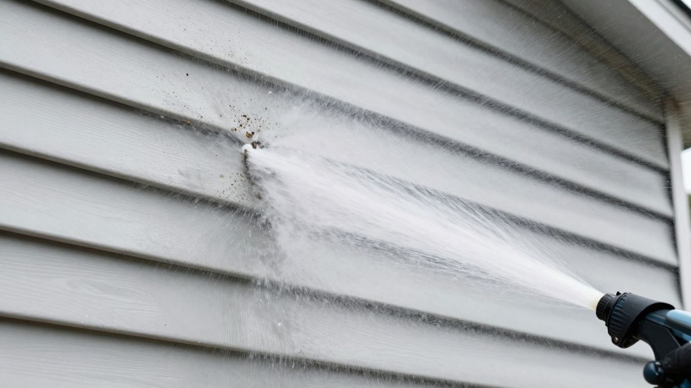 Pressure washing siding to remove dirt and grime.