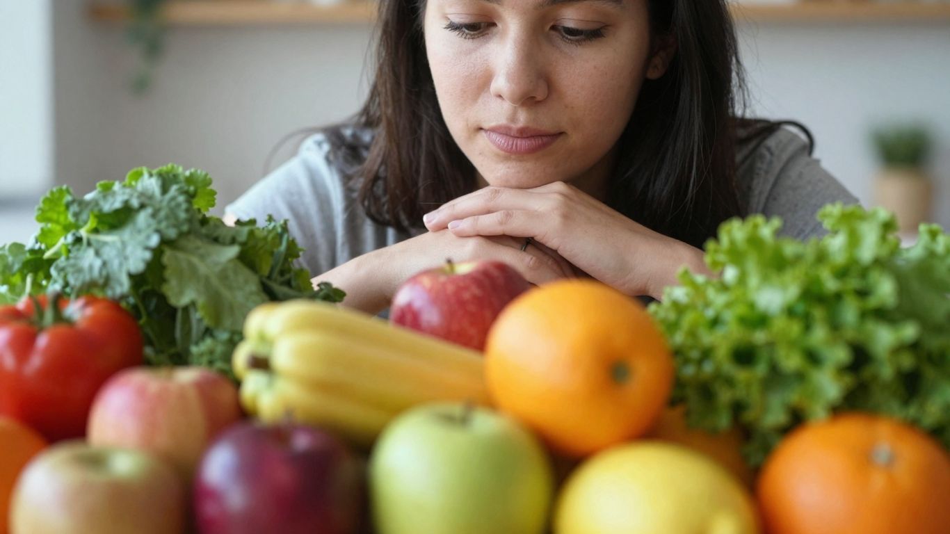 Person choosing healthy food with mindful expression.