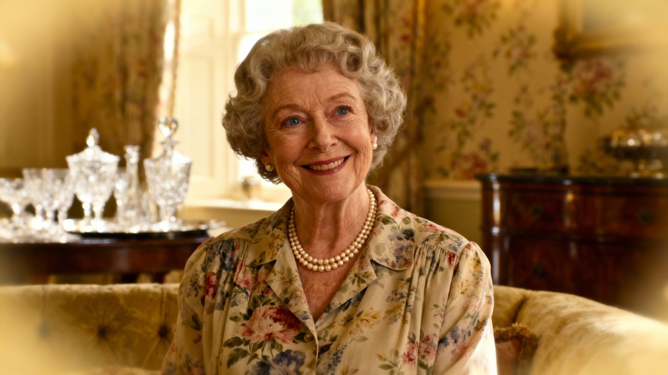 [Dame Patricia Routledge] smiling in floral blouse indoors