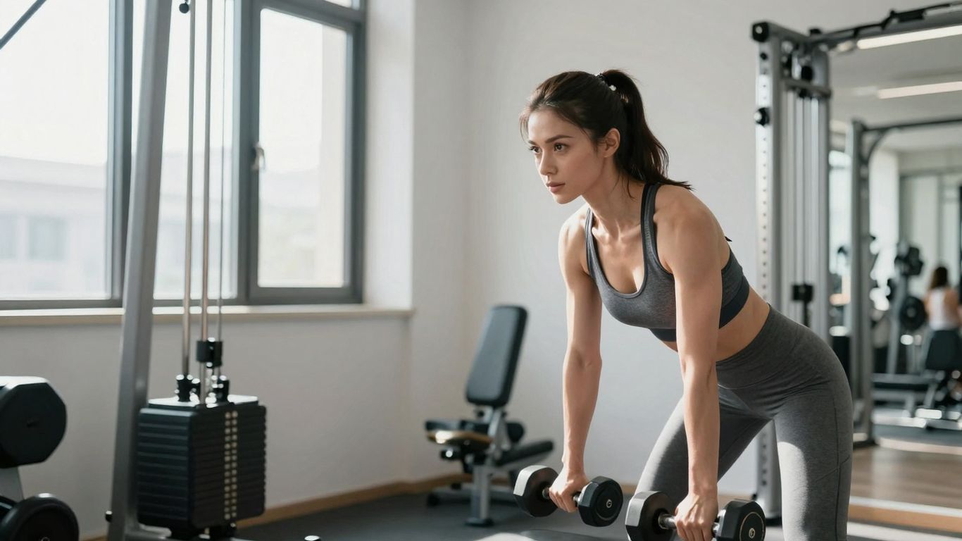 Woman performing dumbbell rows at home.