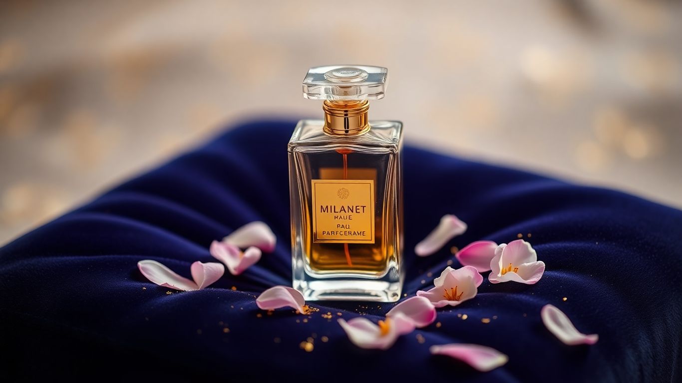 Elegant crystal perfume bottle with gold accents and floral petals.