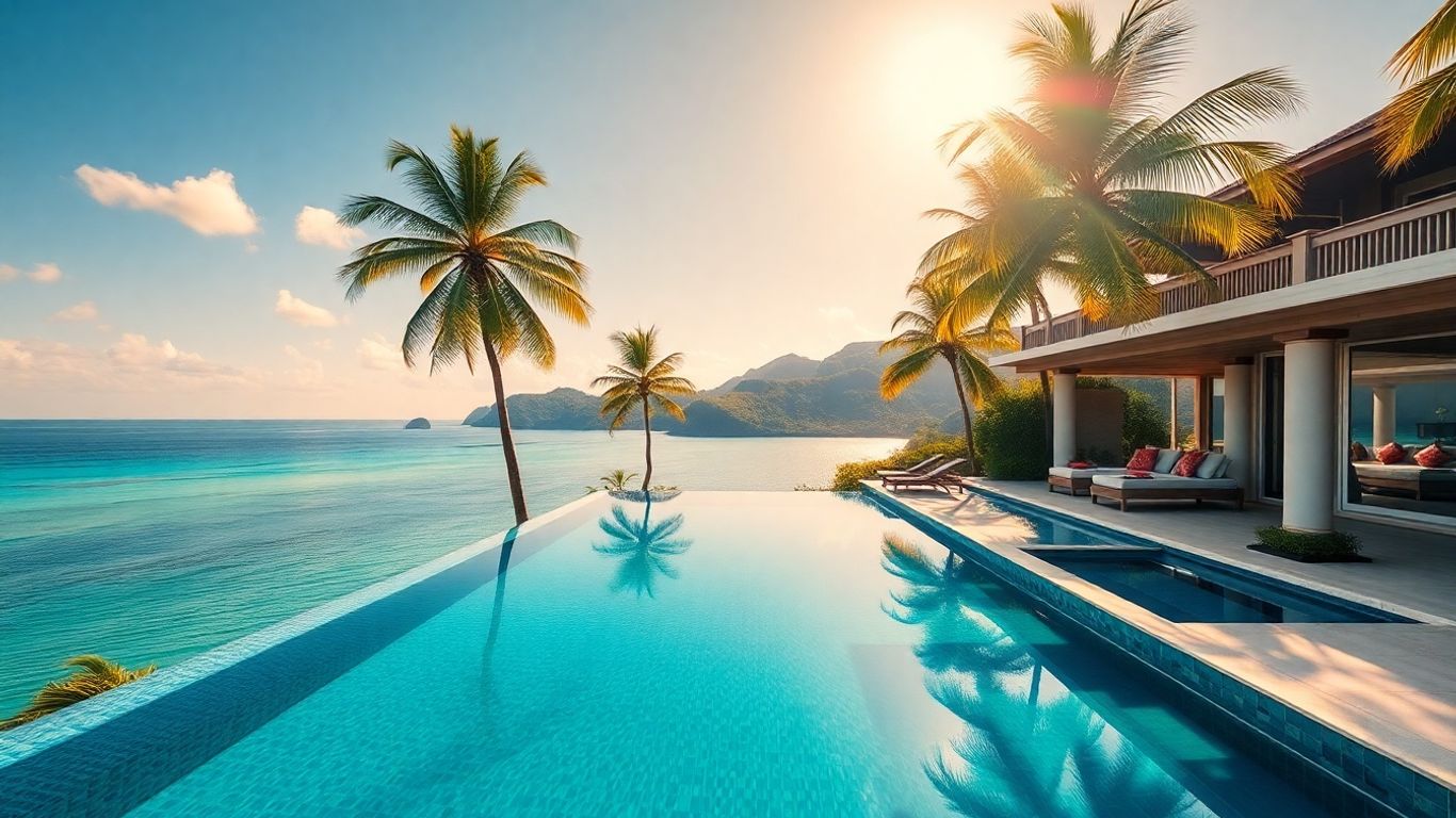 Luxury villa with infinity pool overlooking turquoise ocean and palm trees.