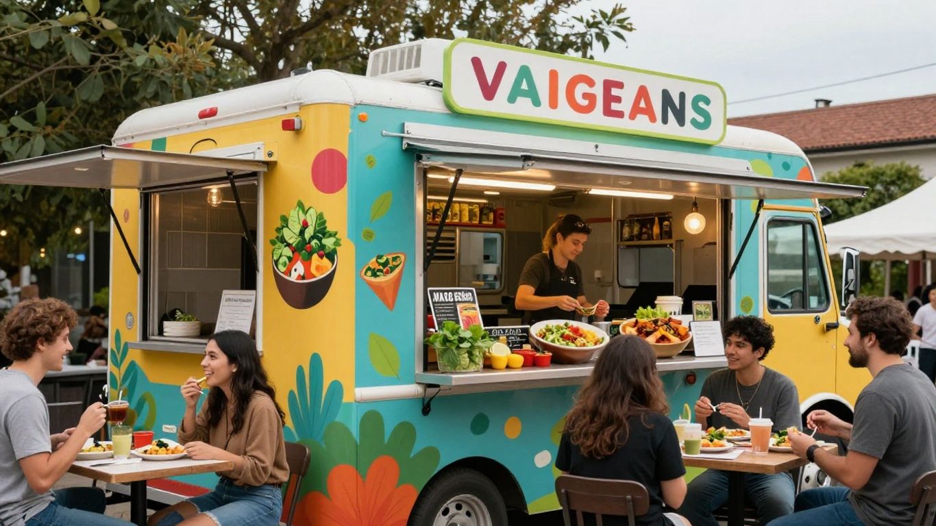 Vegan food truck serving delicious meals outdoors.