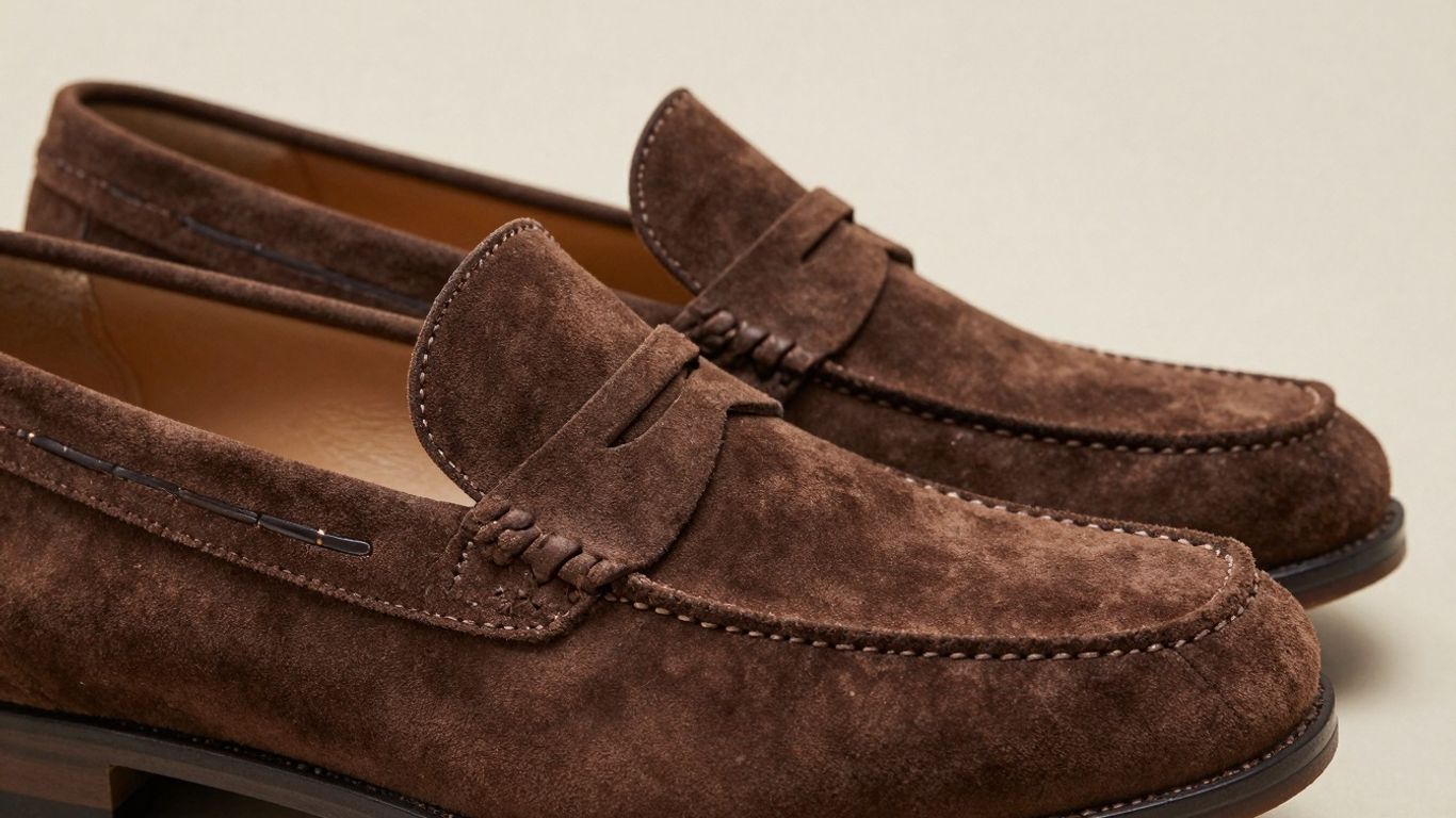 Brown suede penny loafers with classic penny strap.