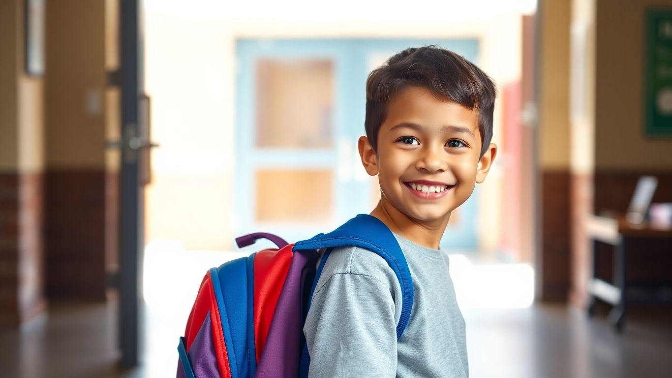 Child ready for kindergarten with backpack near school entrance.