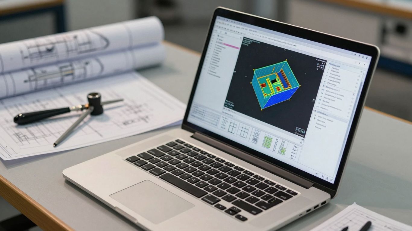 Engineer using SolidWorks software on a laptop.