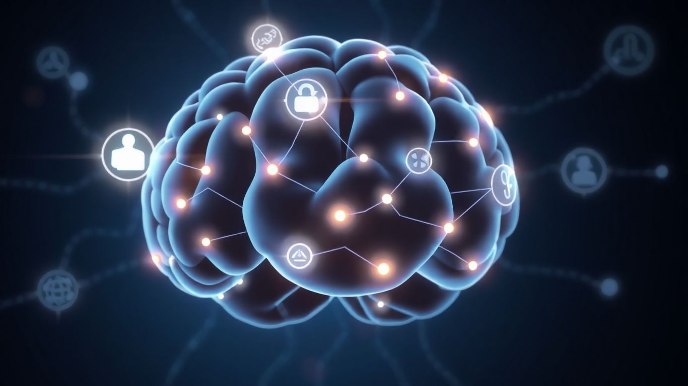 Brain with glowing connections and digital icons.