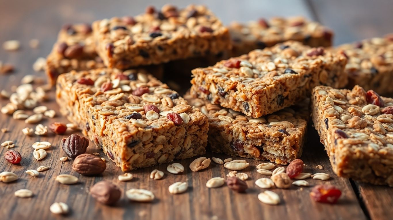 Homemade healthy breakfast bars with scattered ingredients.
